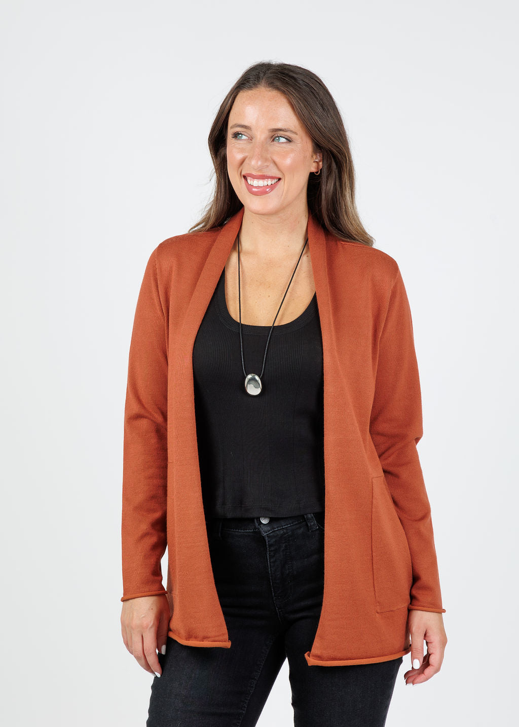 BK Libby Long Pocket Cardigan in Cognac available at Barbara Katz