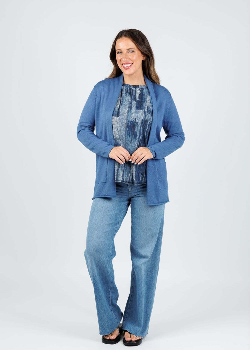 BK Libby Long Pocket Cardigan in Colony Blue available at Barbara Katz