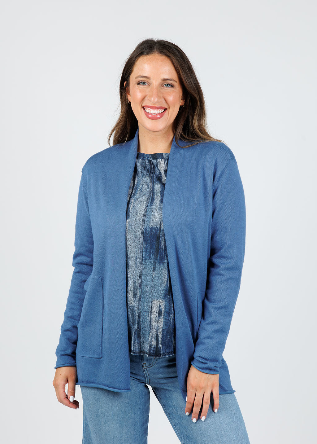 BK Libby Long Pocket Cardigan in Colony Blue available at Barbara Katz