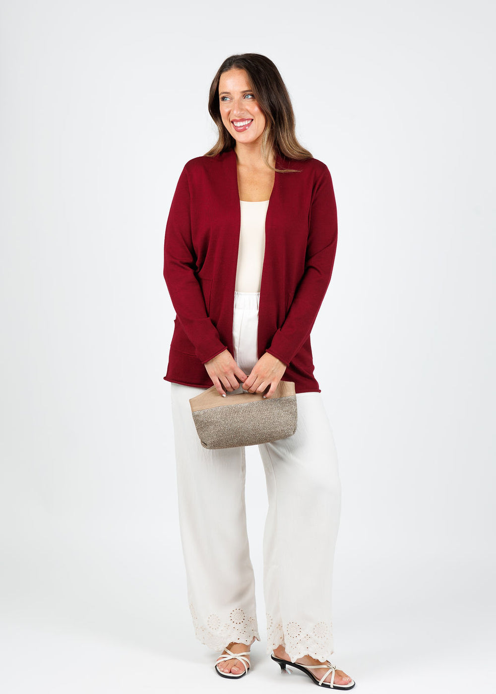 BK Libby Long Pocket Cardigan in Dark Cherry available at Barbara Katz