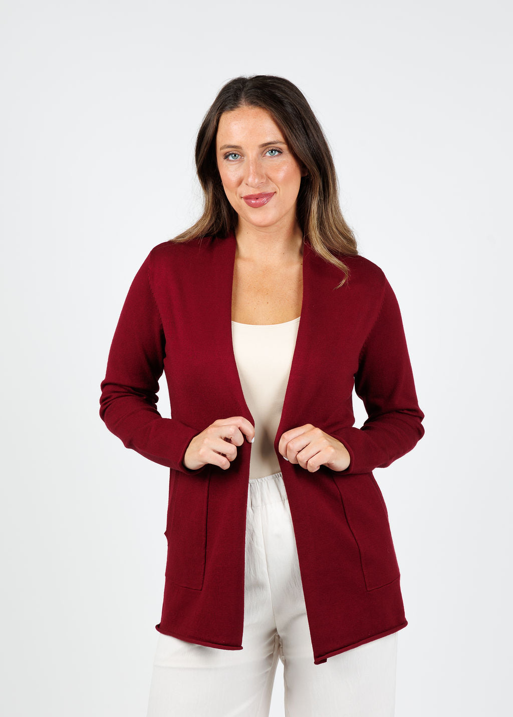 BK Libby Long Pocket Cardigan in Dark Cherry available at Barbara Katz