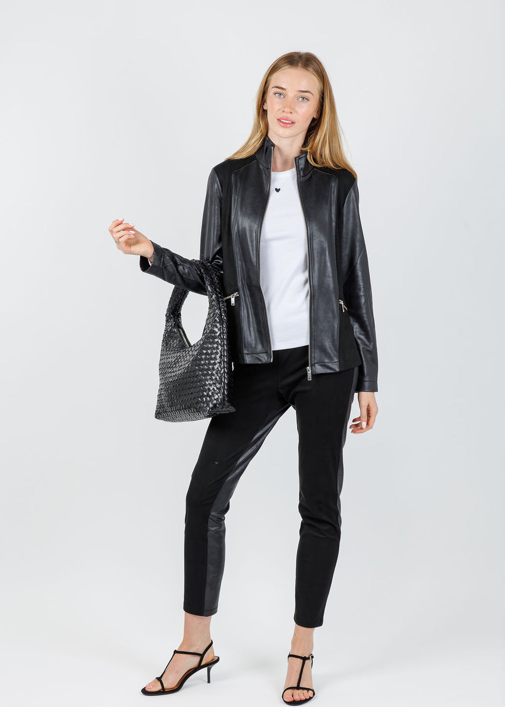 BK Madeline Suede Leather Combo Zip Jacket in Black paired with BK Madison Suede Pants in Black available at Barbara Katz