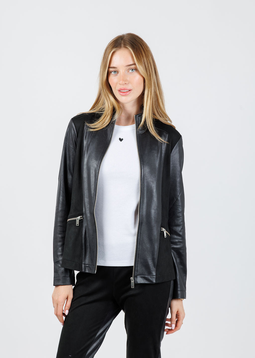 BK Madeline Suede Leather Combo Zip Jacket in Black available at Barbara Katz