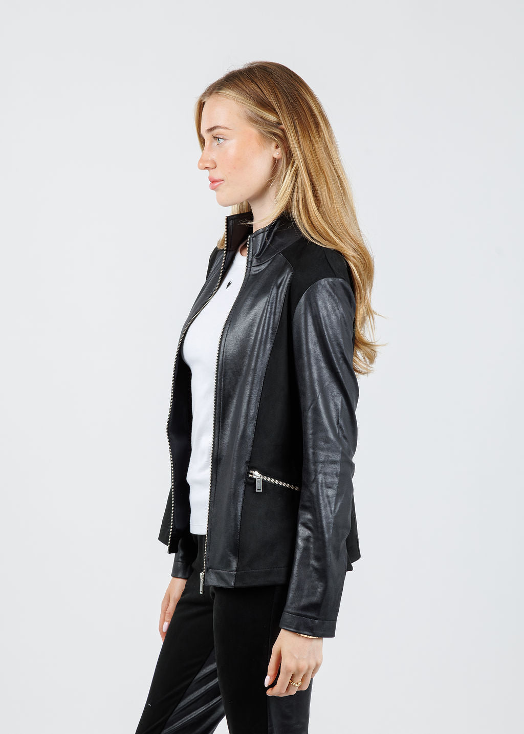 BK Madeline Suede Leather Combo Zip Jacket in Black available at Barbara Katz