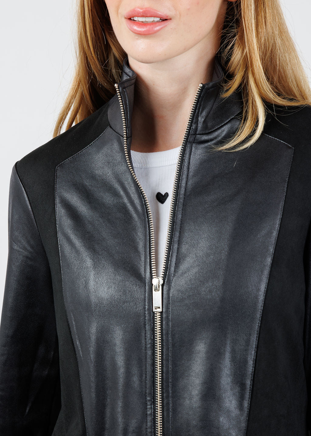 BK Madeline Suede Leather Combo Zip Jacket in Black available at Barbara Katz