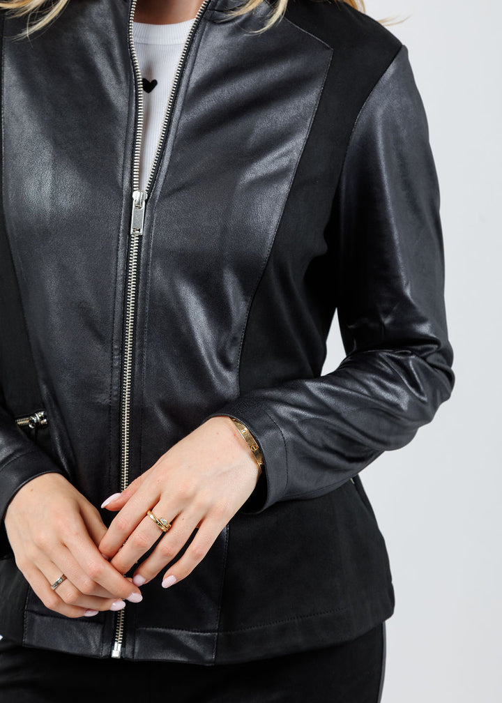 BK Madeline Suede Leather Combo Zip Jacket in Black available at Barbara Katz