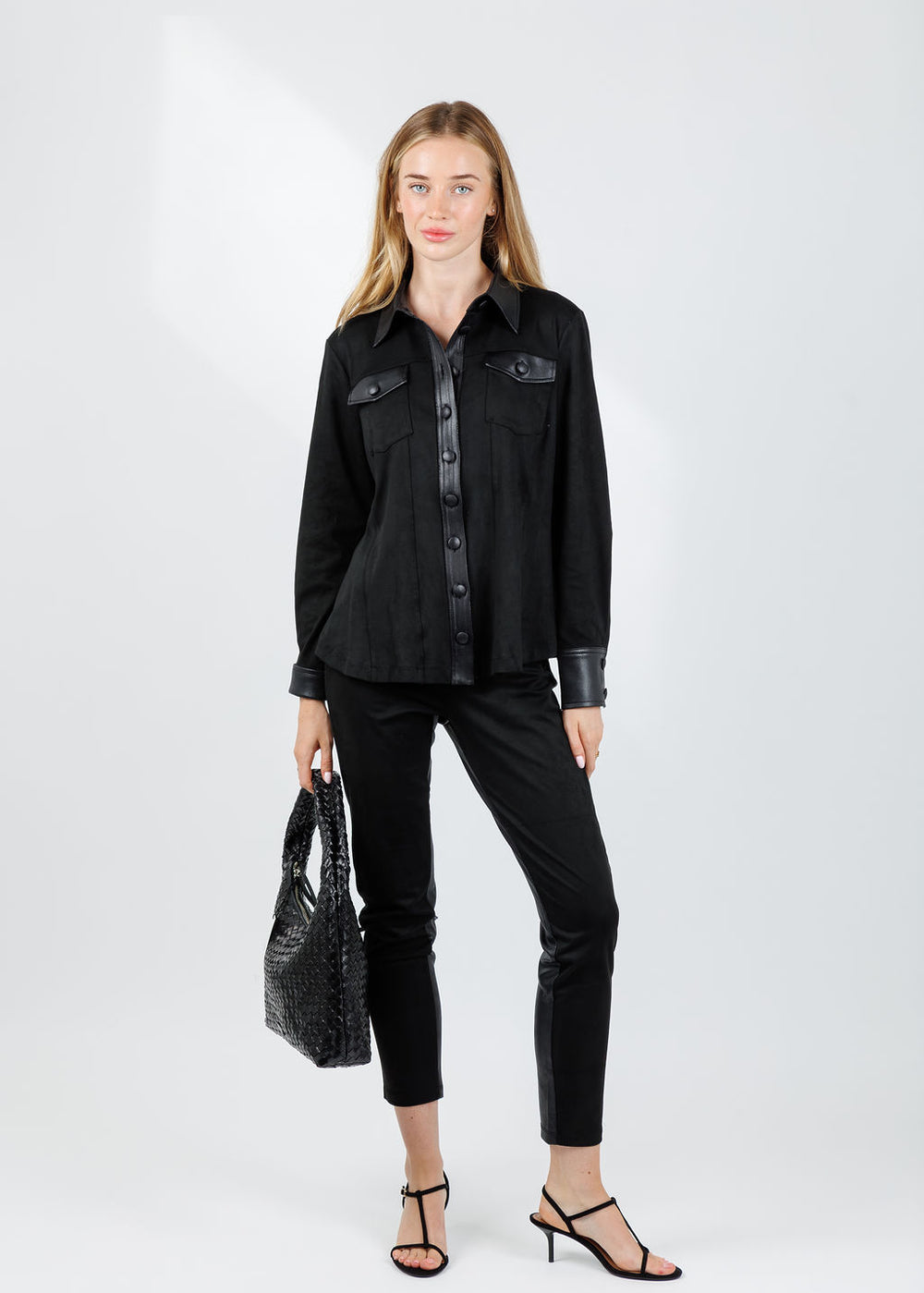BK Maeve Pocket Suede Button Down Shirt in Black paired with BK Madison Suede Pants in Black available at Barbara Katz