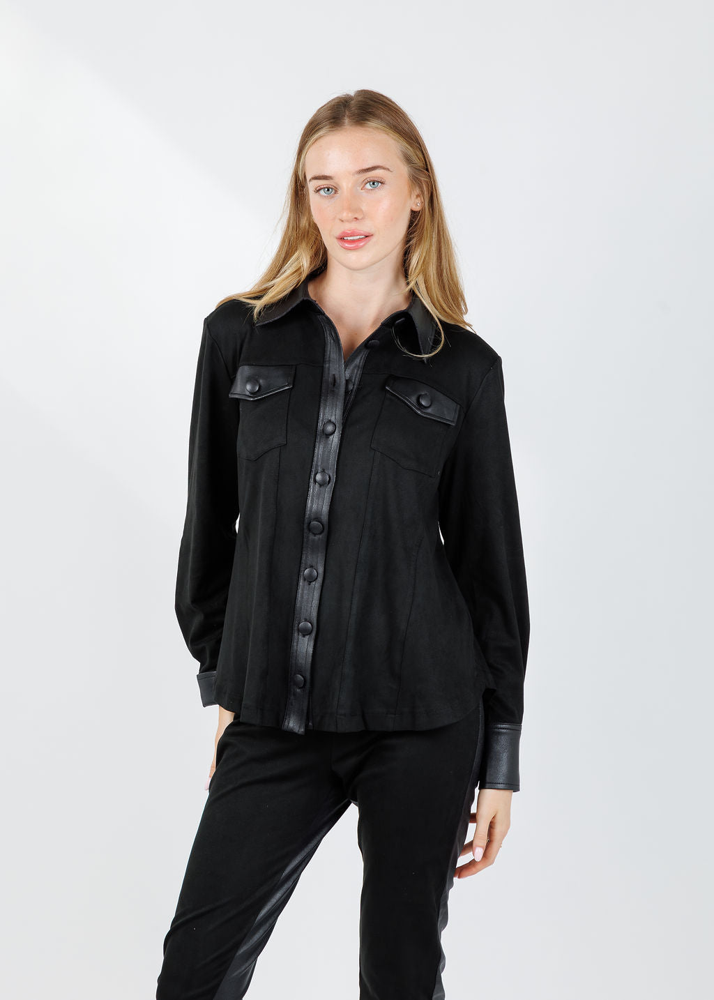 BK Maeve Pocket Suede Button Down Shirt in Black available at Barbara Katz