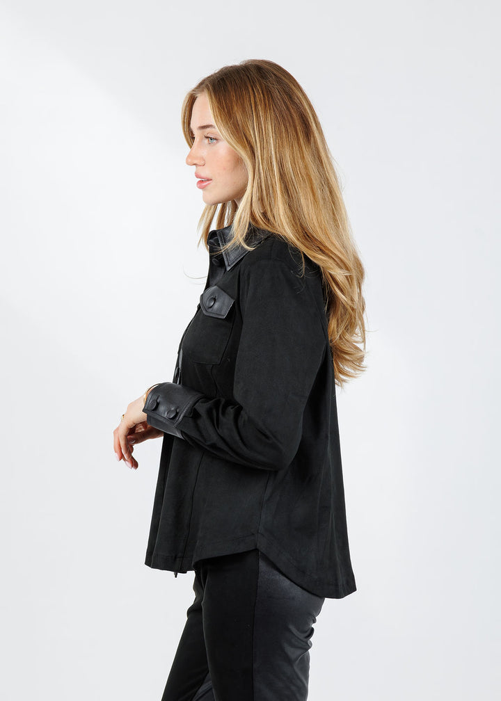 BK Maeve Pocket Suede Button Down Shirt in Black available at Barbara Katz