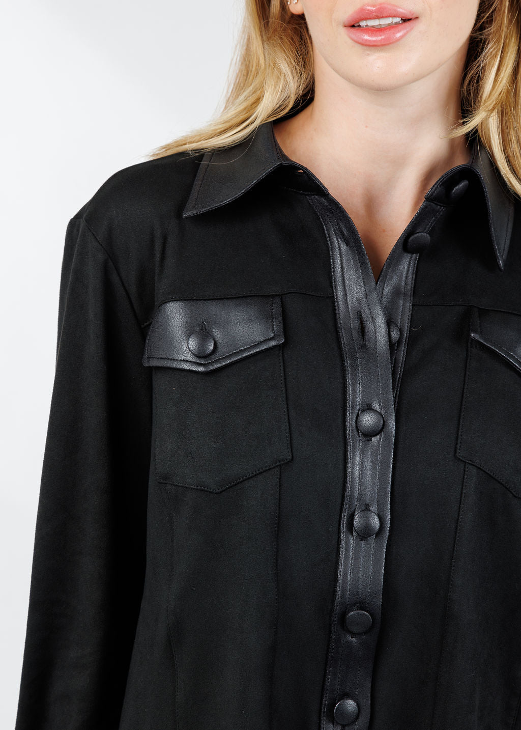 BK Maeve Pocket Suede Button Down Shirt in Black available at Barbara Katz
