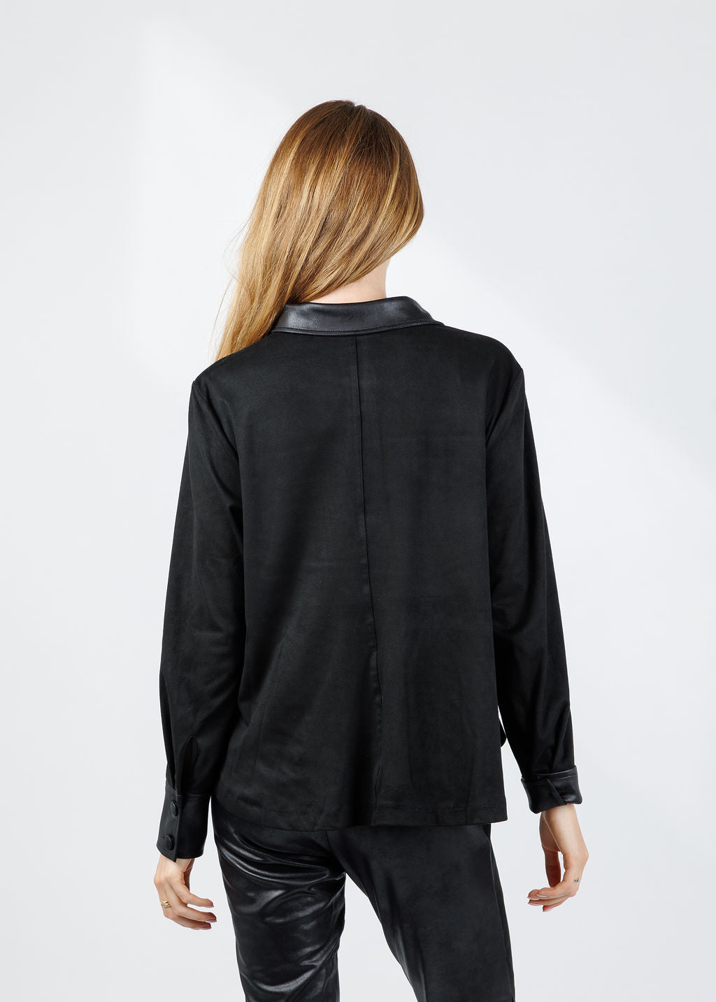 BK Maeve Pocket Suede Button Down Shirt in Black available at Barbara Katz