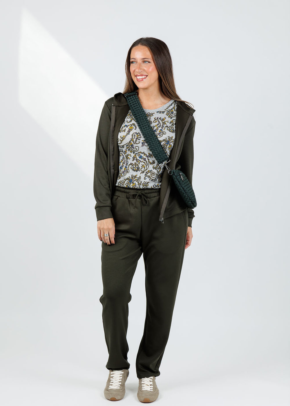 BK Milika Zip Hoodie in Army paired with matching BK Milika Sweatpants in Army available at Barbara Katz