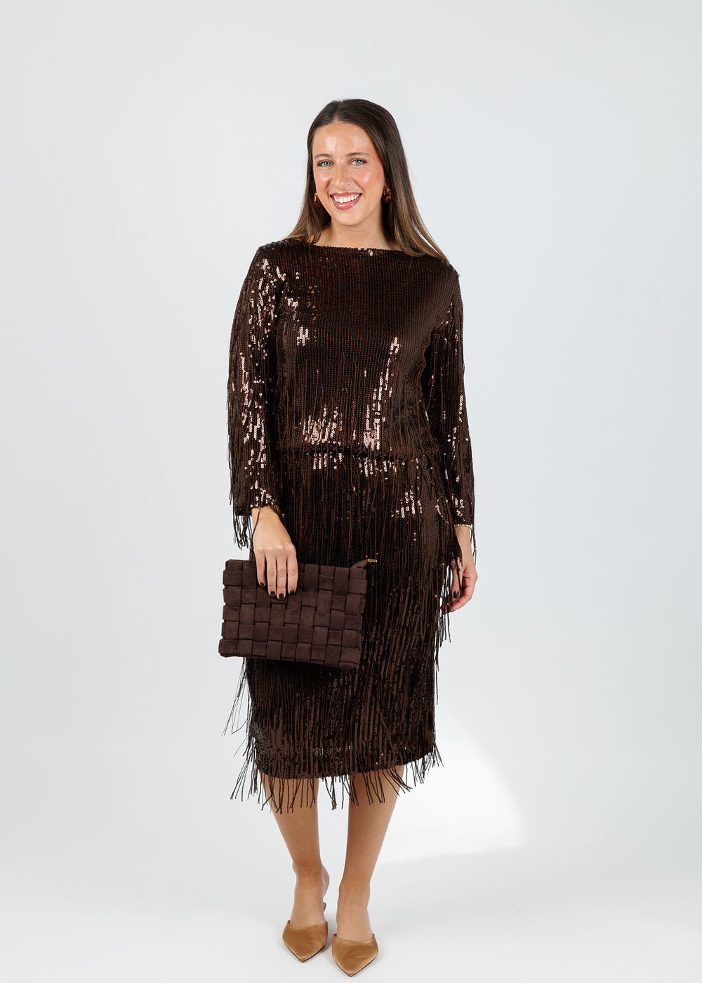 BK Morgan Sequin Top in Brown paired with matching BK Morgan Sequin Skirt in Brown available at Barbara Katz