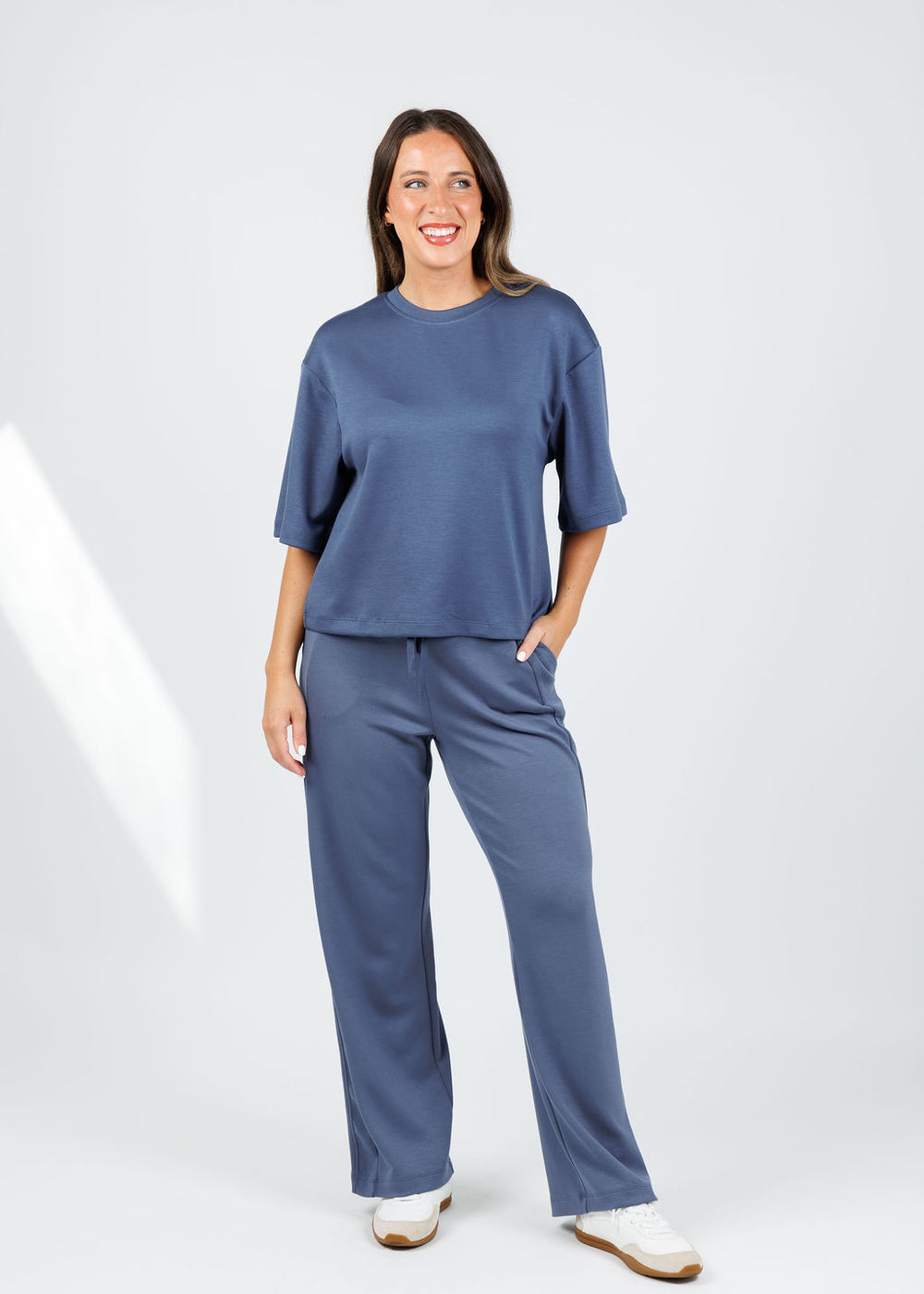 BK Magie Wide Sleeve Sweatshirt in Dusty Navy paired with matching Roci Sweatpants available at Barbara Katz