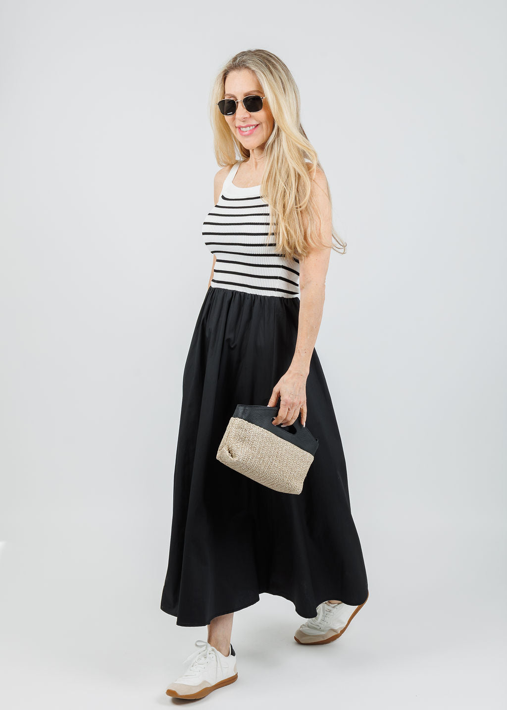 BK Square Neck Sweater Knit Mix Media Midi Dress in Black available at Barbara Katz