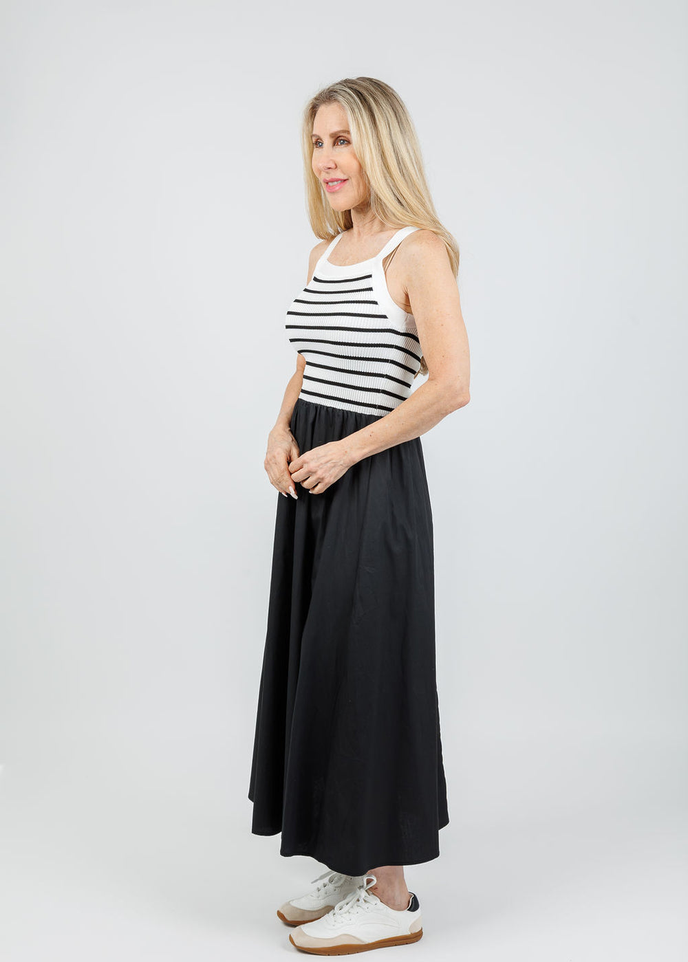 BK Square Neck Sweater Knit Mix Media Midi Dress in Black available at Barbara Katz