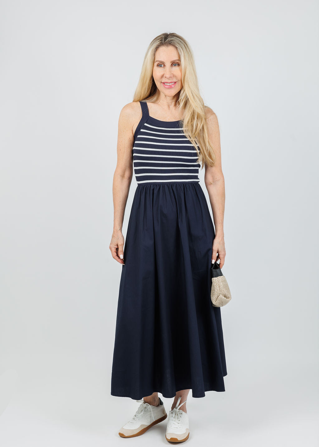 BK Square Neck Sweater Knit Mix Media Midi Dress in Navy available at Barbara Katz