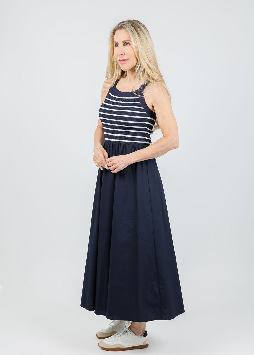 BK Square Neck Sweater Knit Mix Media Midi Dress in Navy available at Barbara Katz