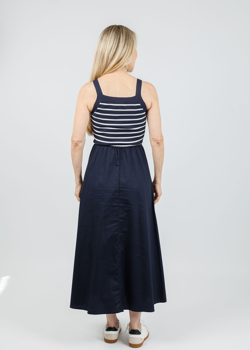 BK Square Neck Sweater Knit Mix Media Midi Dress in Navy available at Barbara Katz