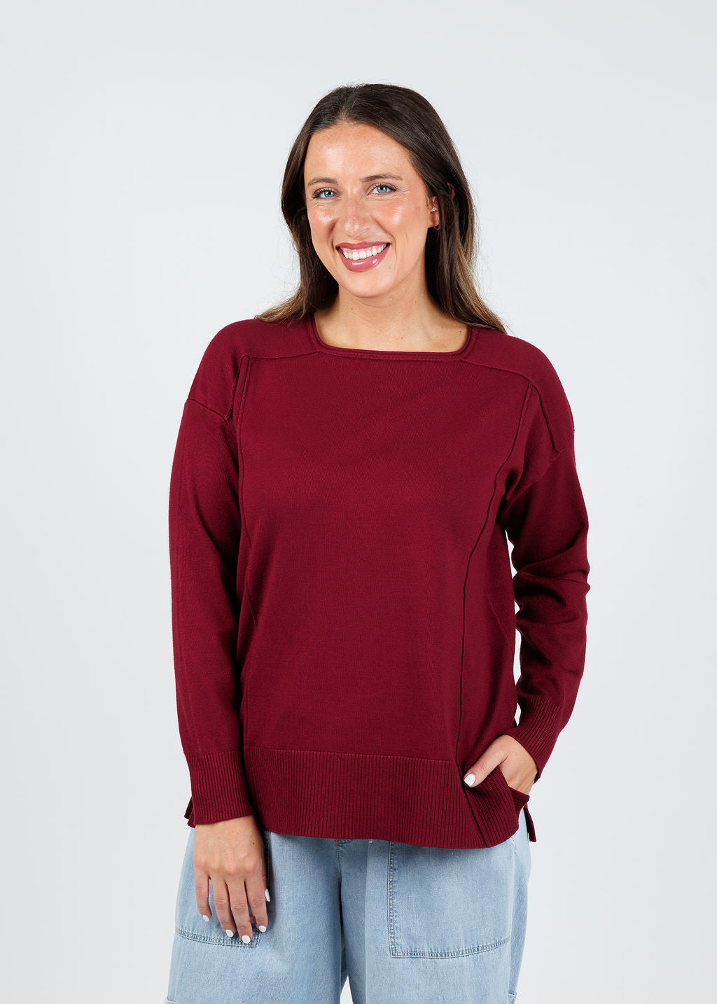 BK Stacy Square Neck Sweater in Dark Cherry available at Barbara Katz