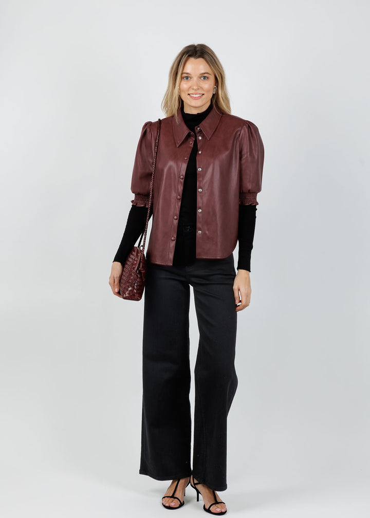 BK Senna Vegan Leather Puff Sleeve Top in Currant available at Barbara Katz