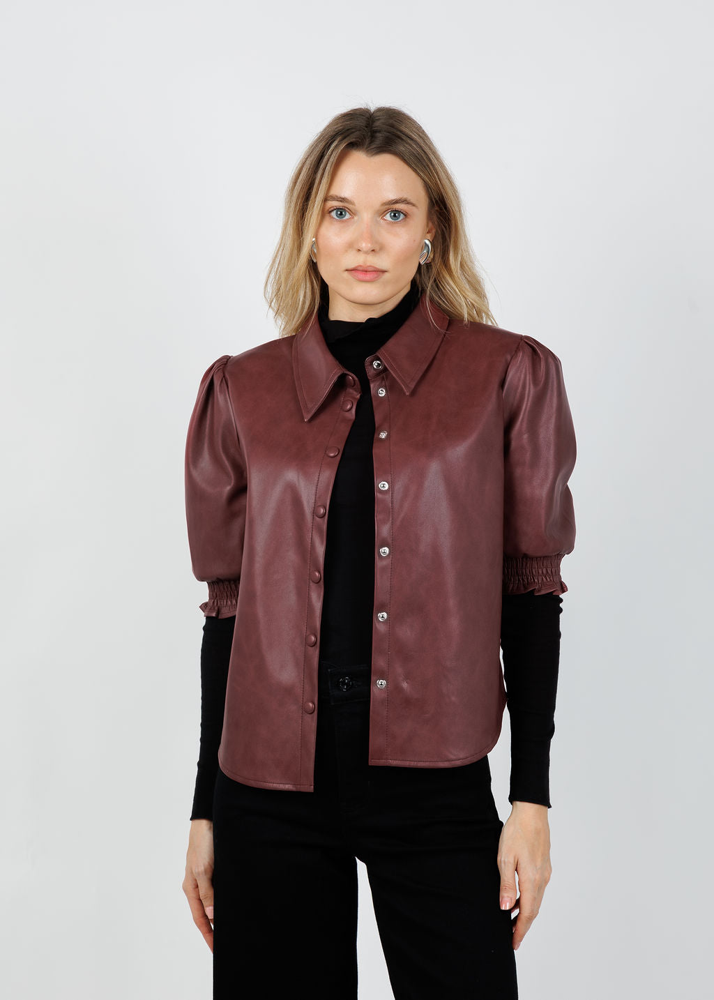 BK Senna Vegan Leather Puff Sleeve Top in Currant available at Barbara Katz