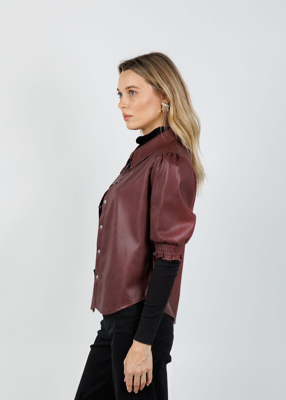 BK Senna Vegan Leather Puff Sleeve Top in Currant available at Barbara Katz