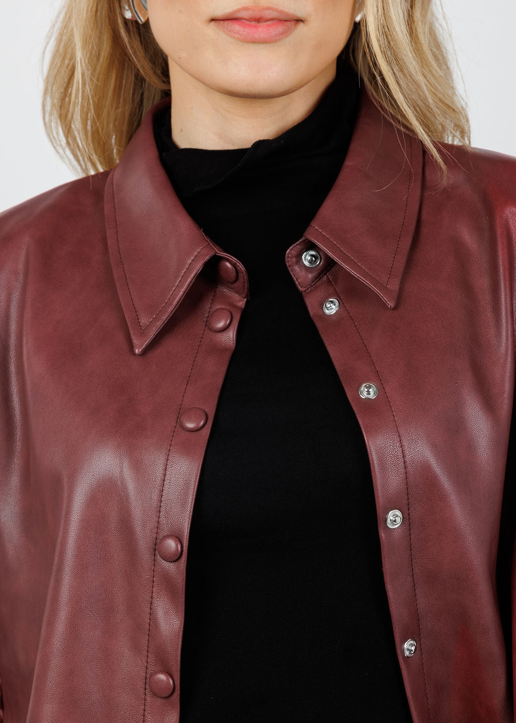 BK Senna Vegan Leather Puff Sleeve Top in Currant available at Barbara Katz
