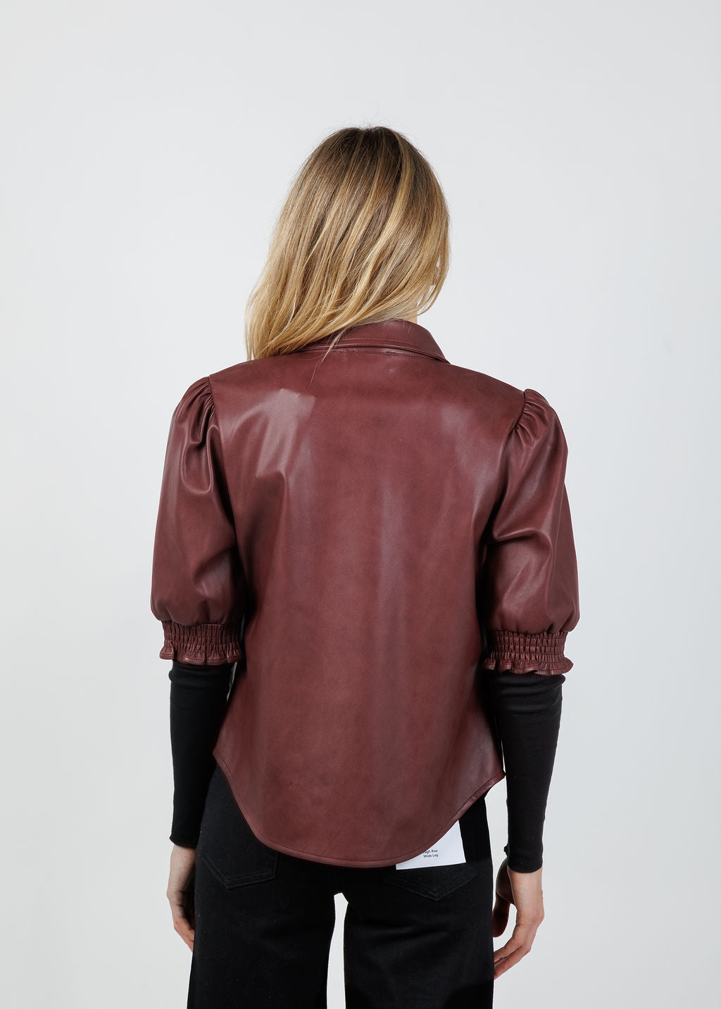 BK Senna Vegan Leather Puff Sleeve Top in Currant available at Barbara Katz