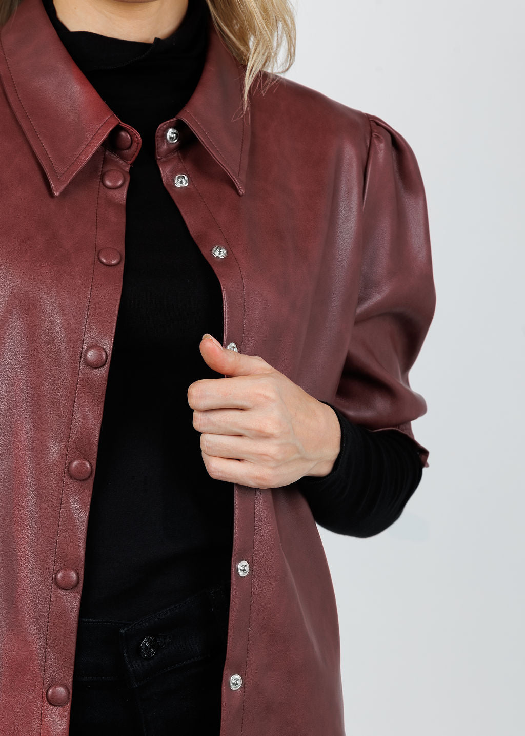 BK Senna Vegan Leather Puff Sleeve Top in Currant available at Barbara Katz