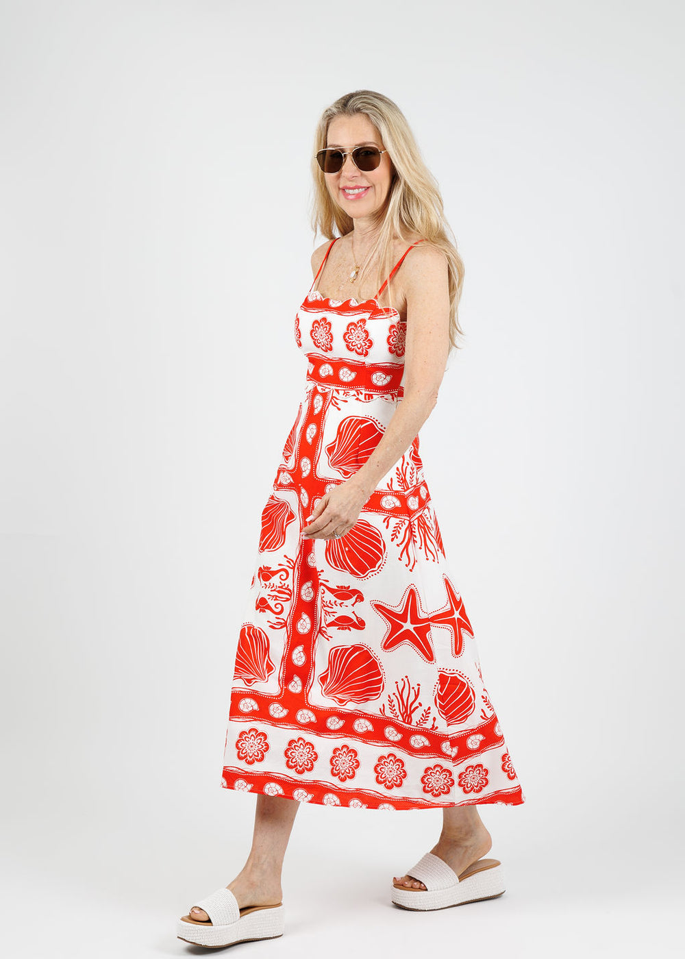 BK Aria Spaghetti Strap Midi Dress in Red/Multi available at Barbara Katz