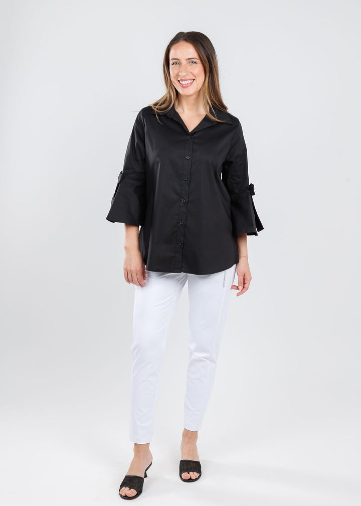 BK Ariana Bow Sleeve Blouse in Black paired with Raffaello Rossi Natina Sport Pants in White available at Barbara Katz