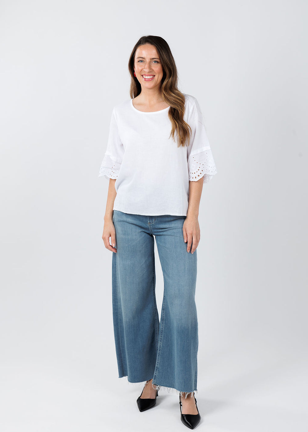 BK Eyelet Sleeve Top in White paired with Citizens of Humanity Lyra Crop Wide Leg Jeans in Bhodi available at Barbara Katz