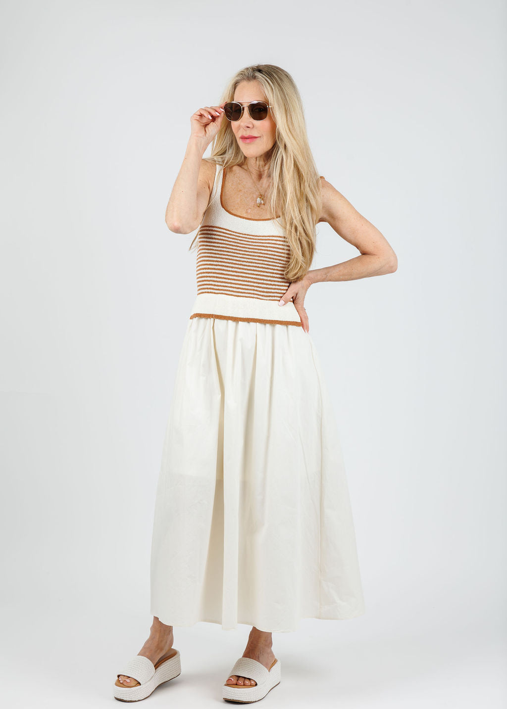 BK Cora Stripe Sweater Woven Skirt Midi Dress in Cream available at Barbara Katz