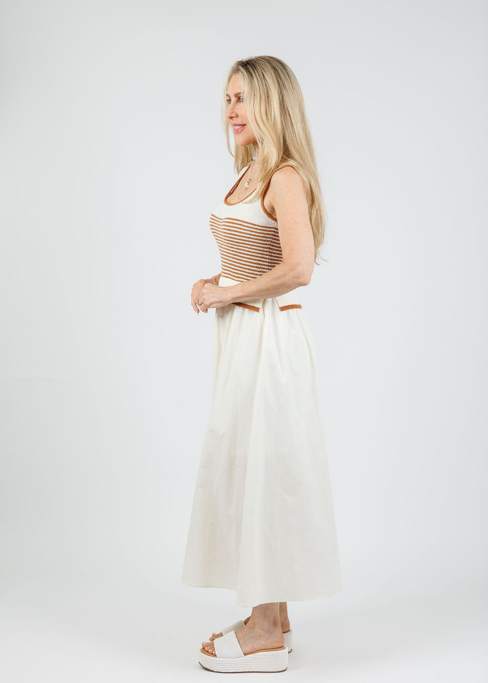 BK Cora Stripe Sweater Woven Skirt Dress in Cream available at Barbara Katz