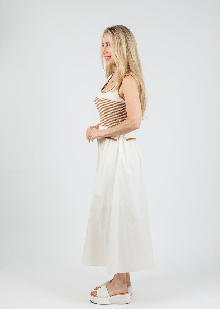 BK Cora Stripe Sweater Woven Skirt Dress in Cream available at Barbara Katz