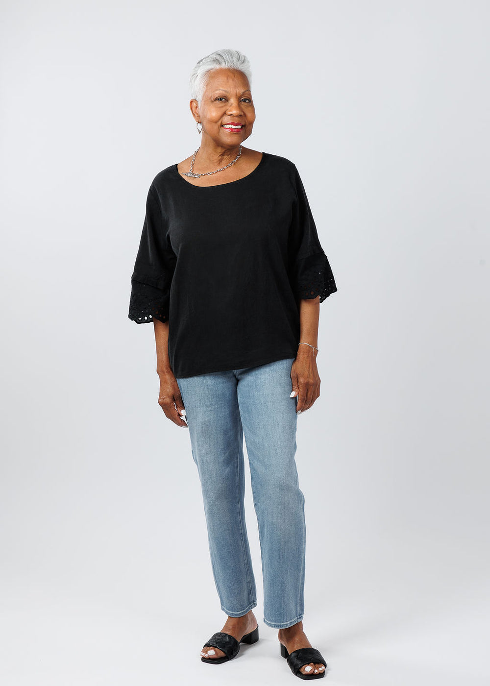 BK Eyelet Sleeve Top in Black available at Barbara Katz