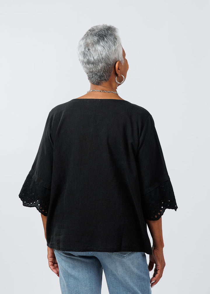 BK Eyelet Sleeve Top in Black available at Barbara Katz