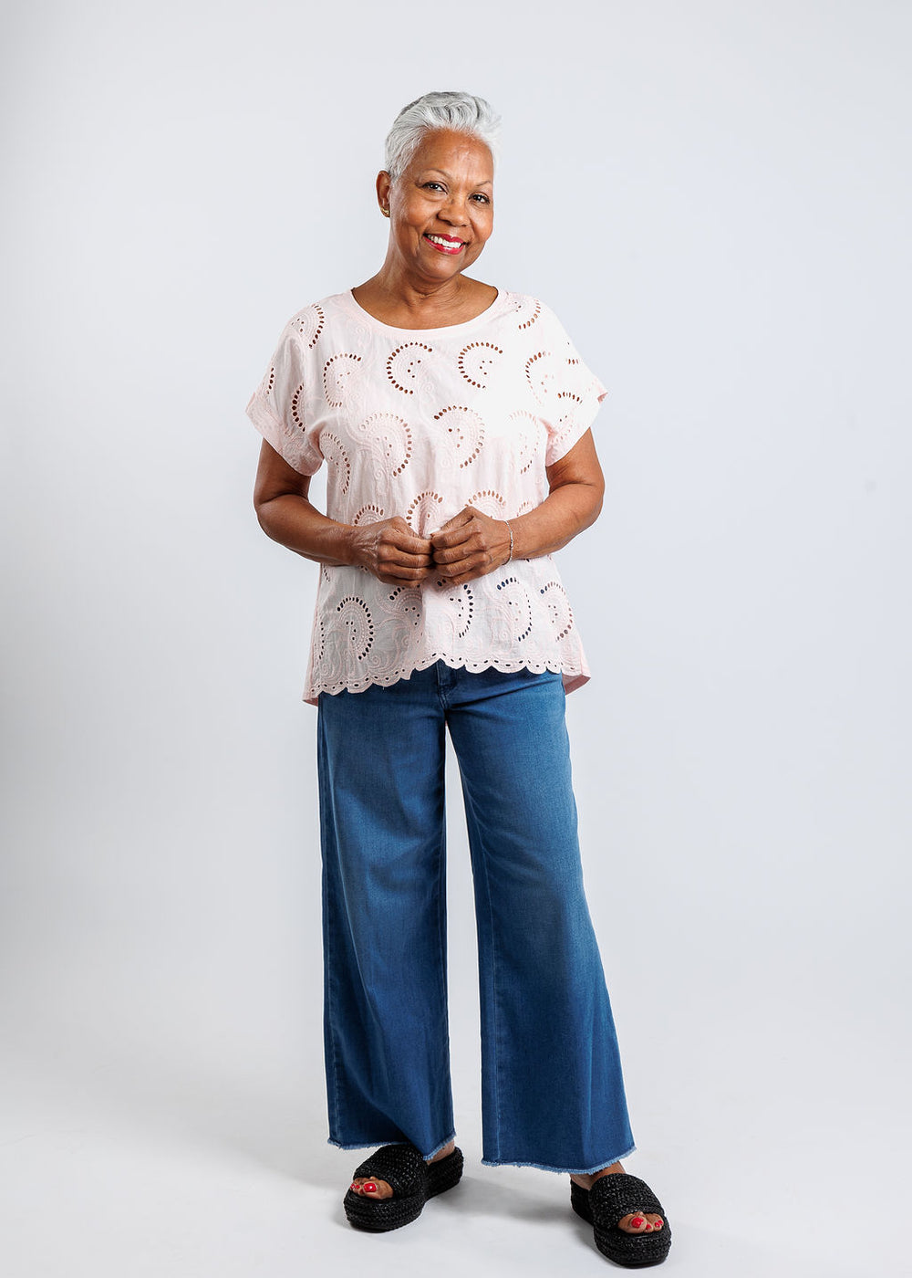 BK Eyelet Top in Blush paired with MAC Dream Wide Wonder Crop Jeans in Denim available at Barbara Katz