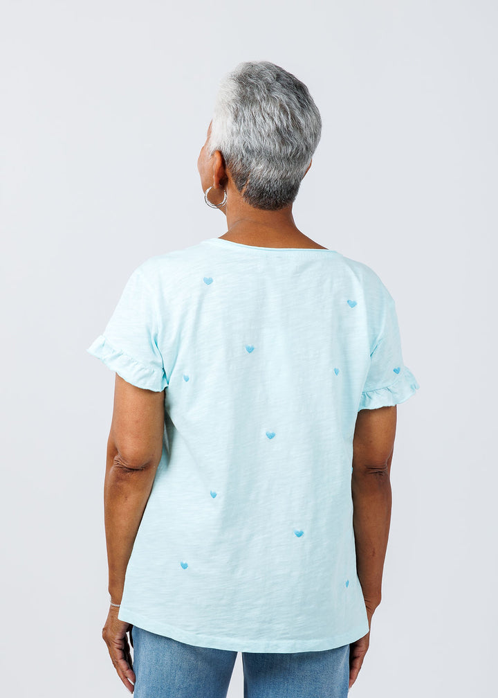 BK Fair Embroidered Heart Tee in Aqua available at Barbara Katz