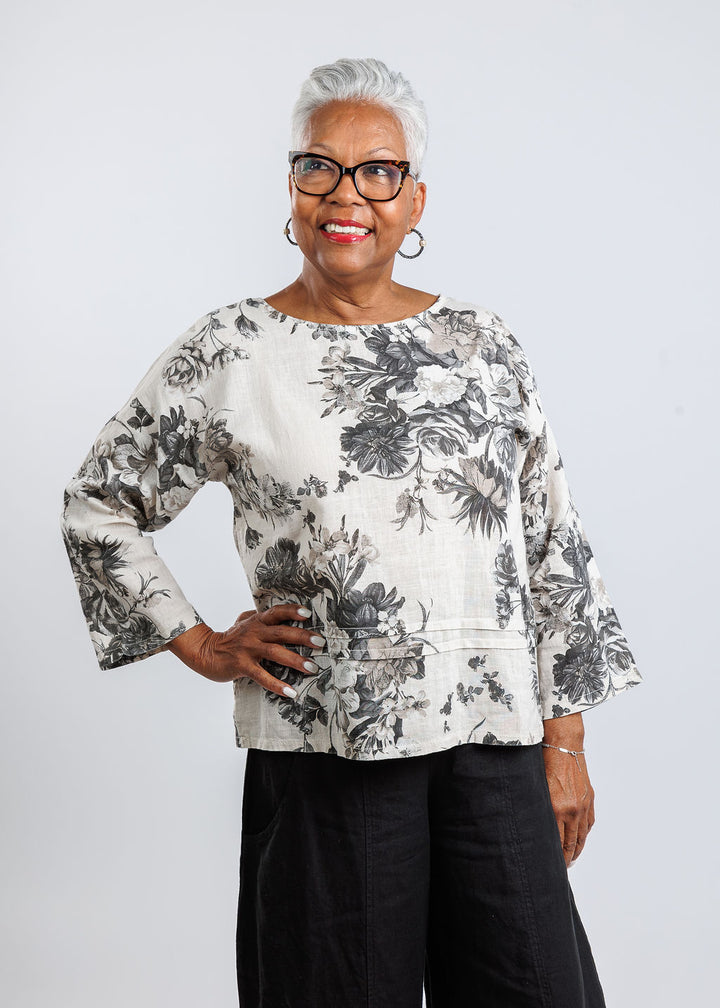 BK Floral Linen 3/4 Sleeve Top in Coconut Blooms available at Barbara Katz