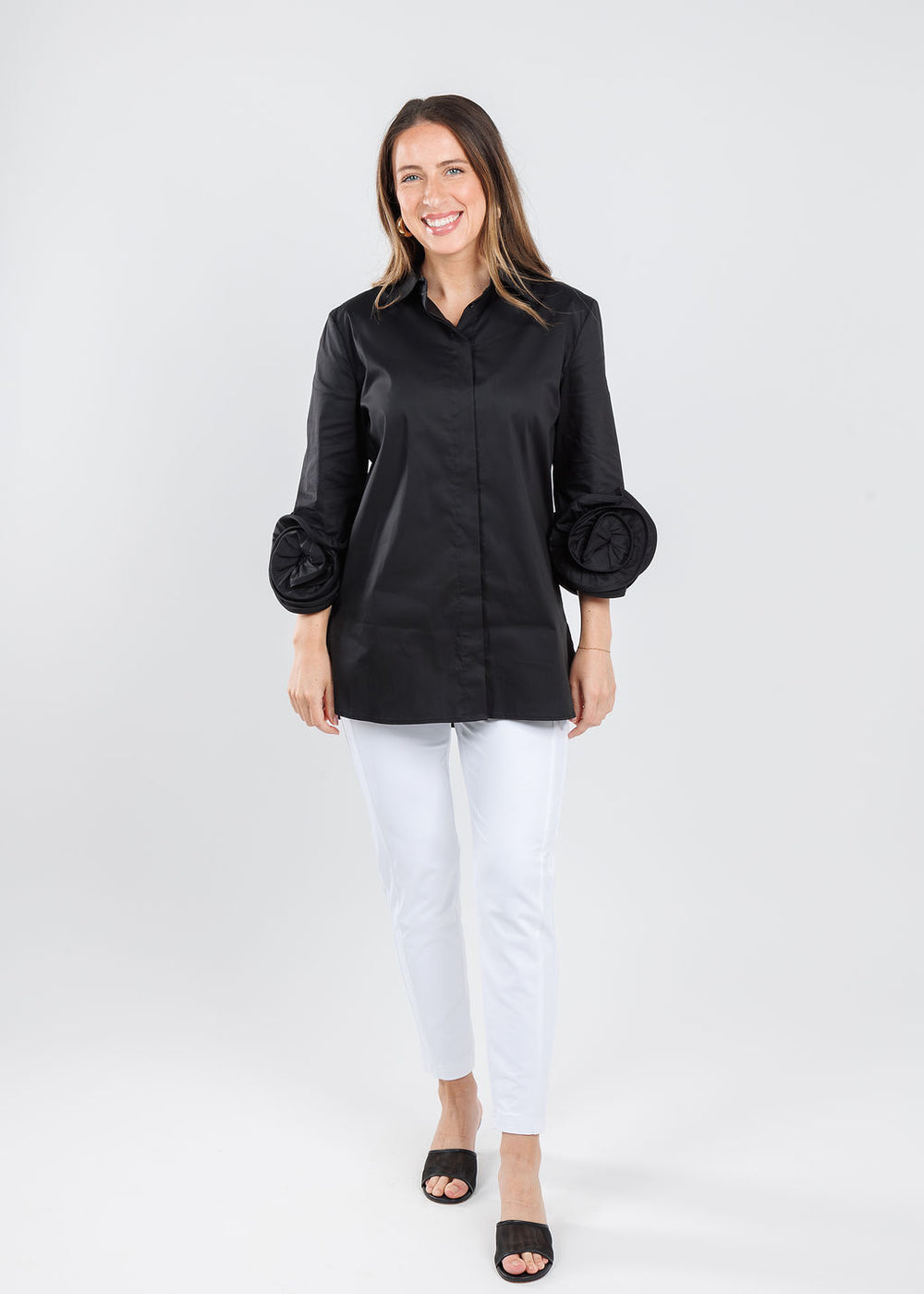 BK Janis App Roses Blouse in Black paired with Raffaello Rossi Natina Sport Pants in White available at Barbara Katz