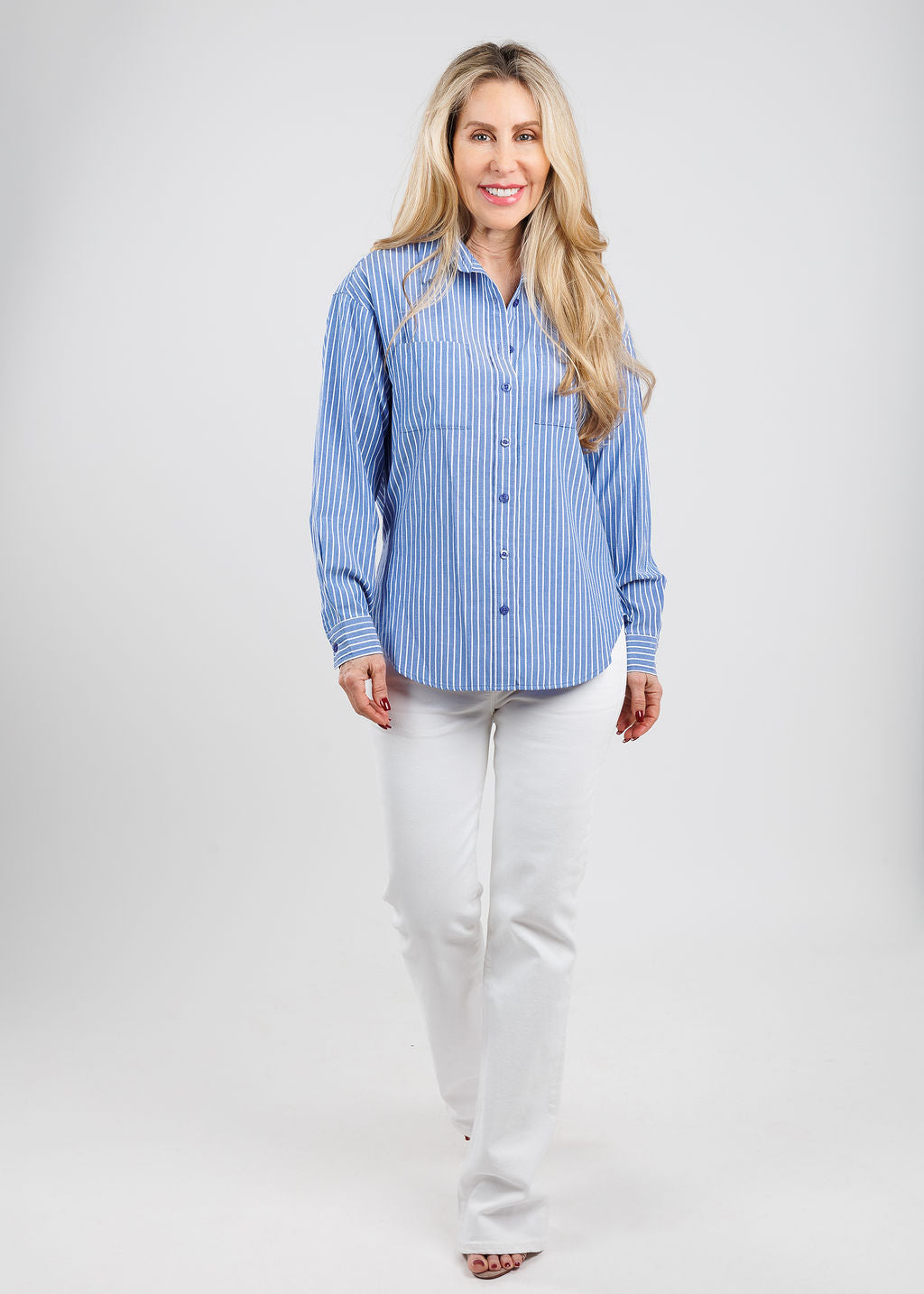 BK Kim Maybe Tomorrow Shirt in Blue paired with Frame Le Slim Palazzo Jeans in White available at Barbara Katz