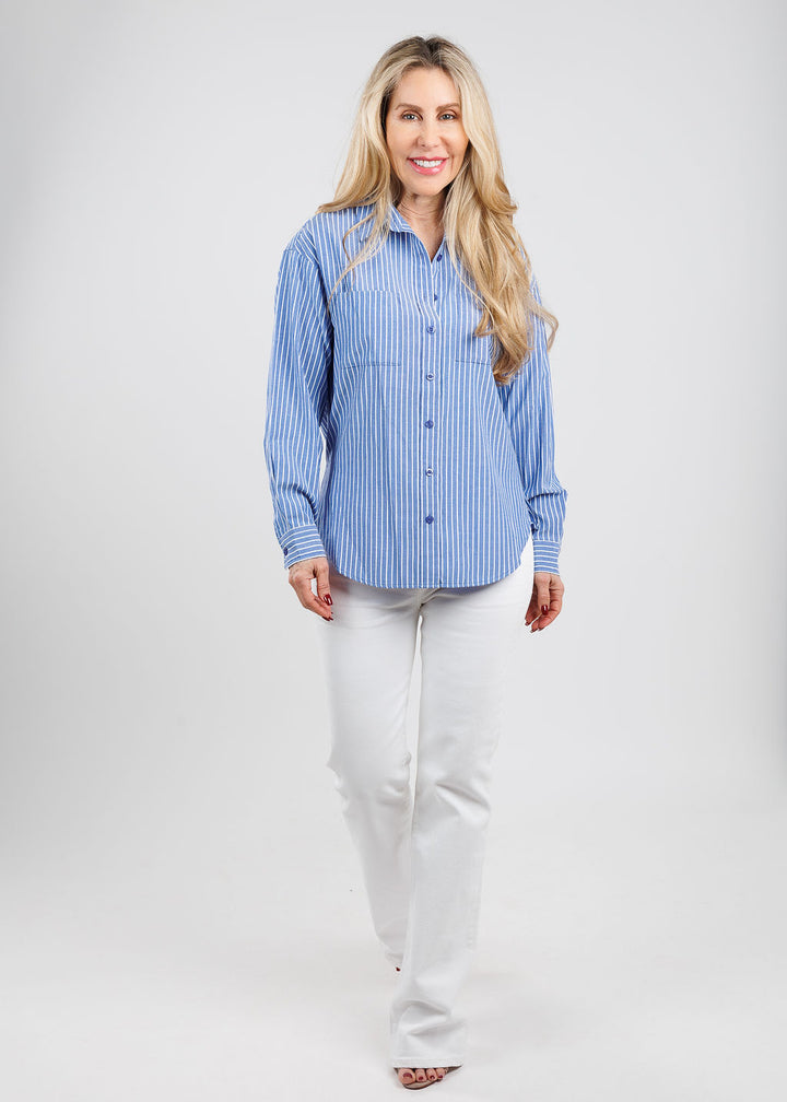 BK Kim Maybe Tomorrow Shirt in Blue paired with Frame Le Slim Palazzo Jeans in White available at Barbara Katz