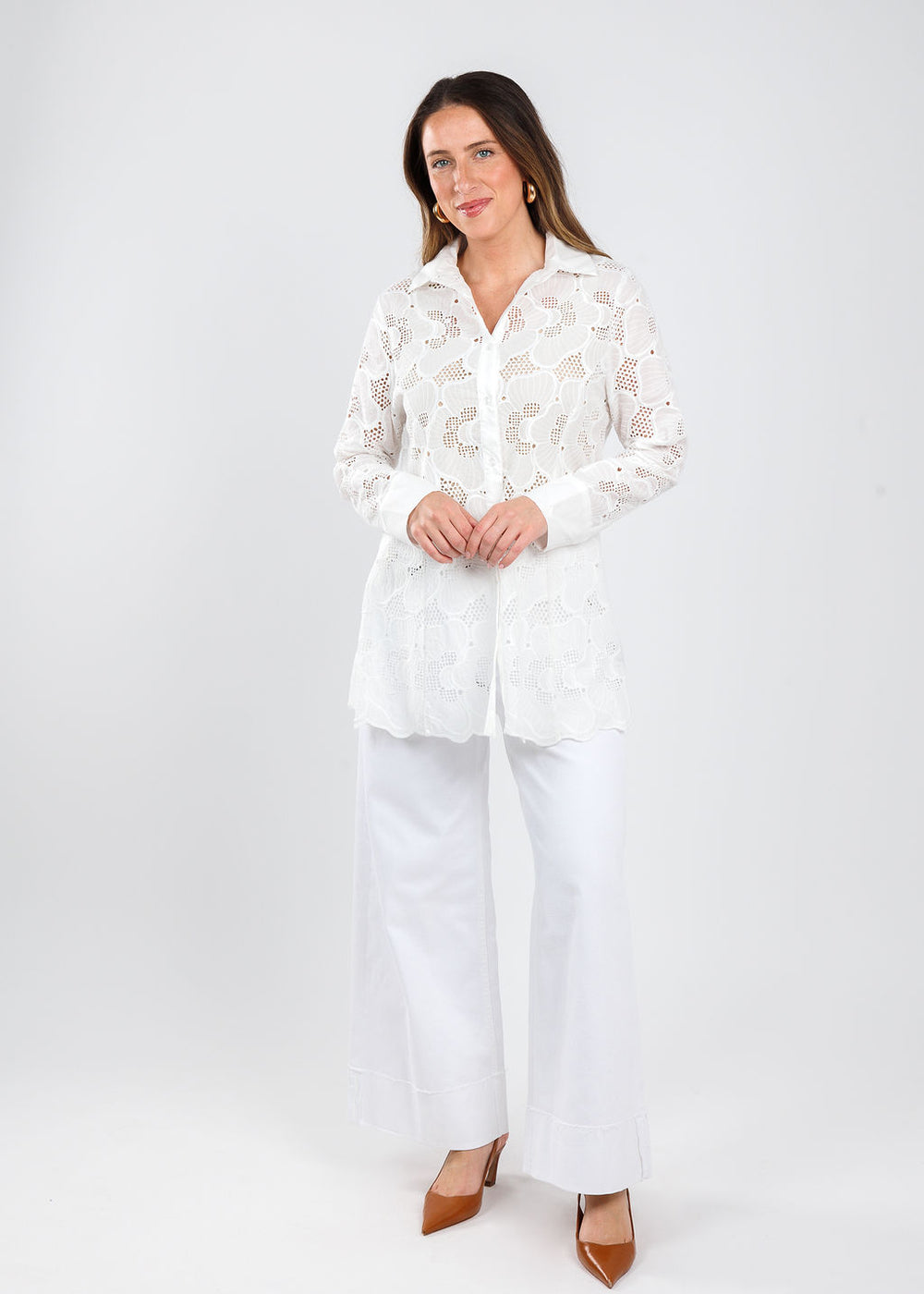 BK Lancey Lace Blouse in White paired with MAC Nevada Superwide Jeans in White available at Barbara Katz