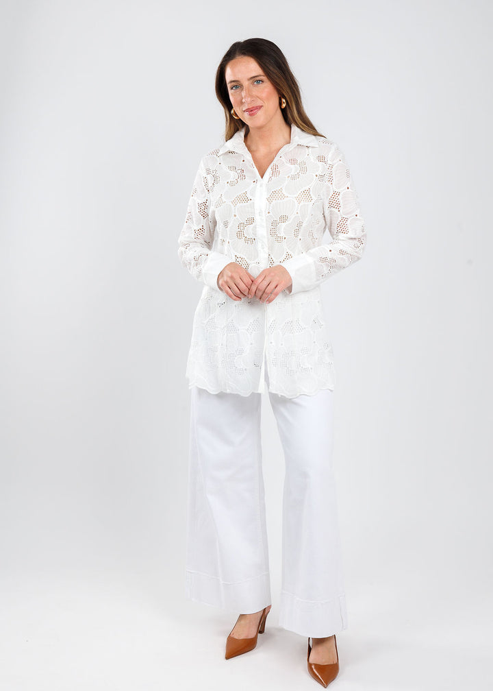 BK Lancey Lace Blouse in White paired with MAC Nevada Superwide Jeans in White available at Barbara Katz
