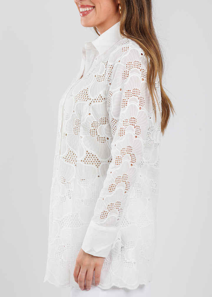 BK Lancey Lace Long Sleeve Blouse in White available at Barbara Katz