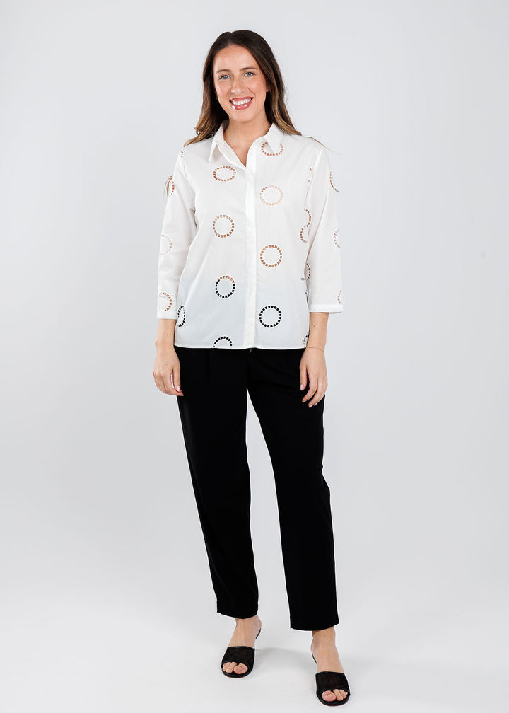 BK Maia Mesh Circle Blouse in White paired with Raffaello Rossi Liliana 7/8 Pants with Pocket in Black available at Barbara Katz