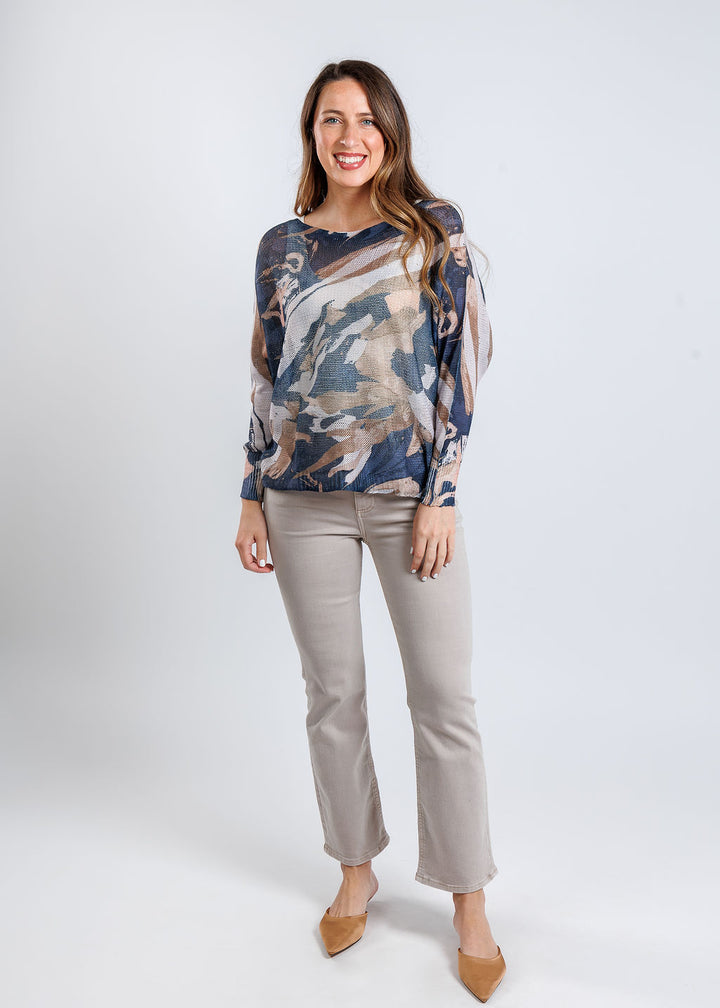 BK Open Weave Sweater in Navy Waves paired with Pistola Lennon High Rise Crop Boot Jeans in Stone available at Barbara Katz
