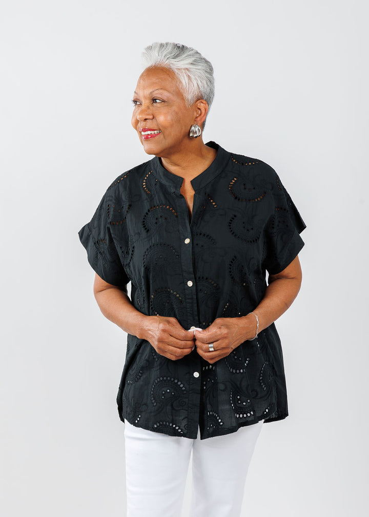 BK Short Sleeve Eyelet Shirt in Black available at Barbara Katz